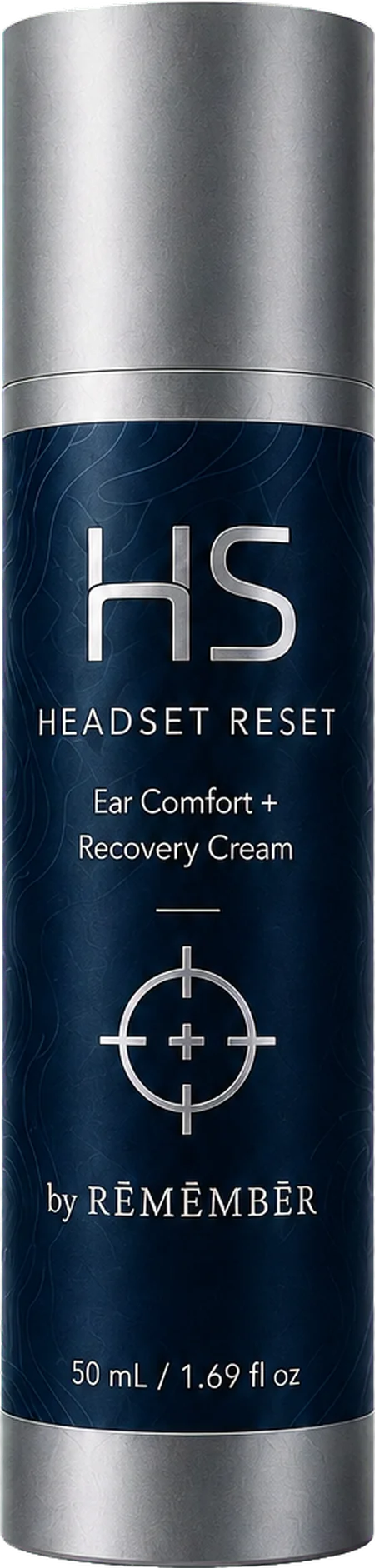 HS Headset Reset Ear Comfort + Recovery Cream 50 mL airless pump bottle in silver and navy packaging