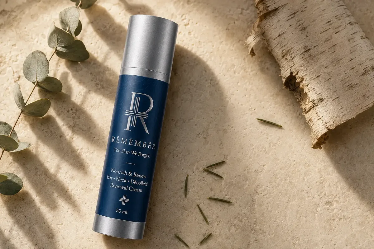 RĒMĒMBĒR Nourish & Renew Ear, Neck and Décolleté Renewal Cream laid on warm sunlit limestone with eucalyptus and birch bark.