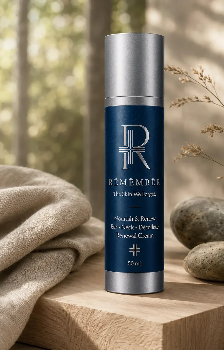 RĒMĒMBĒR Nourish & Renew Ear, Neck and Décolleté Renewal Cream on a warm oak block with linen, river stones and sunlit woodland behind.
