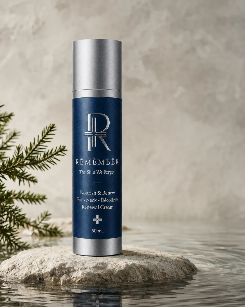 RĒMĒMBĒR Nourish & Renew Ear, Neck and Décolleté Renewal Cream on a pale stone set in still mineral water beside a spruce sprig.