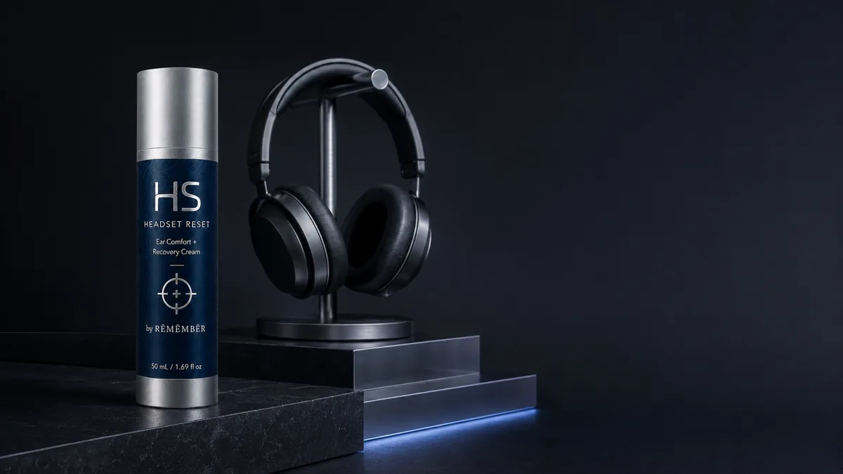 HS Headset Reset packaging displayed with over-ear headphones on a metal stand