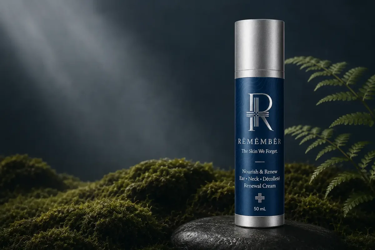 RĒMĒMBĒR Nourish & Renew Ear, Neck and Décolleté Renewal Cream on dark stone beside moss and ferns in a shaft of low light.