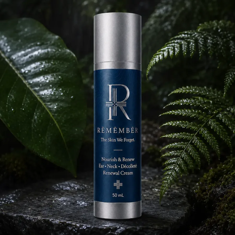 RĒMĒMBĒR Nourish & Renew Ear, Neck and Décolleté Renewal Cream on rain-washed stone among glossy ferns and broad green leaves.