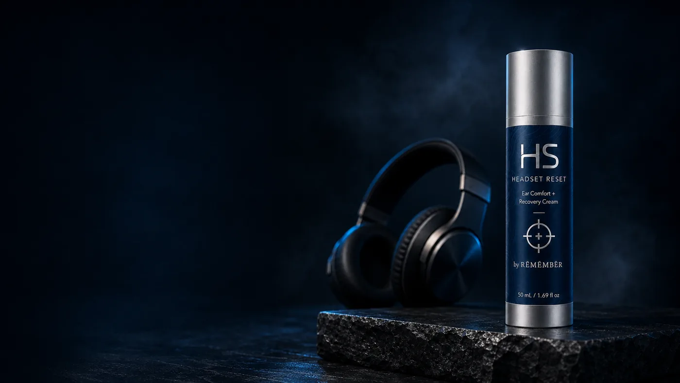 HS Headset Reset bottle on dark stone beside studio headphones in atmospheric blue light
