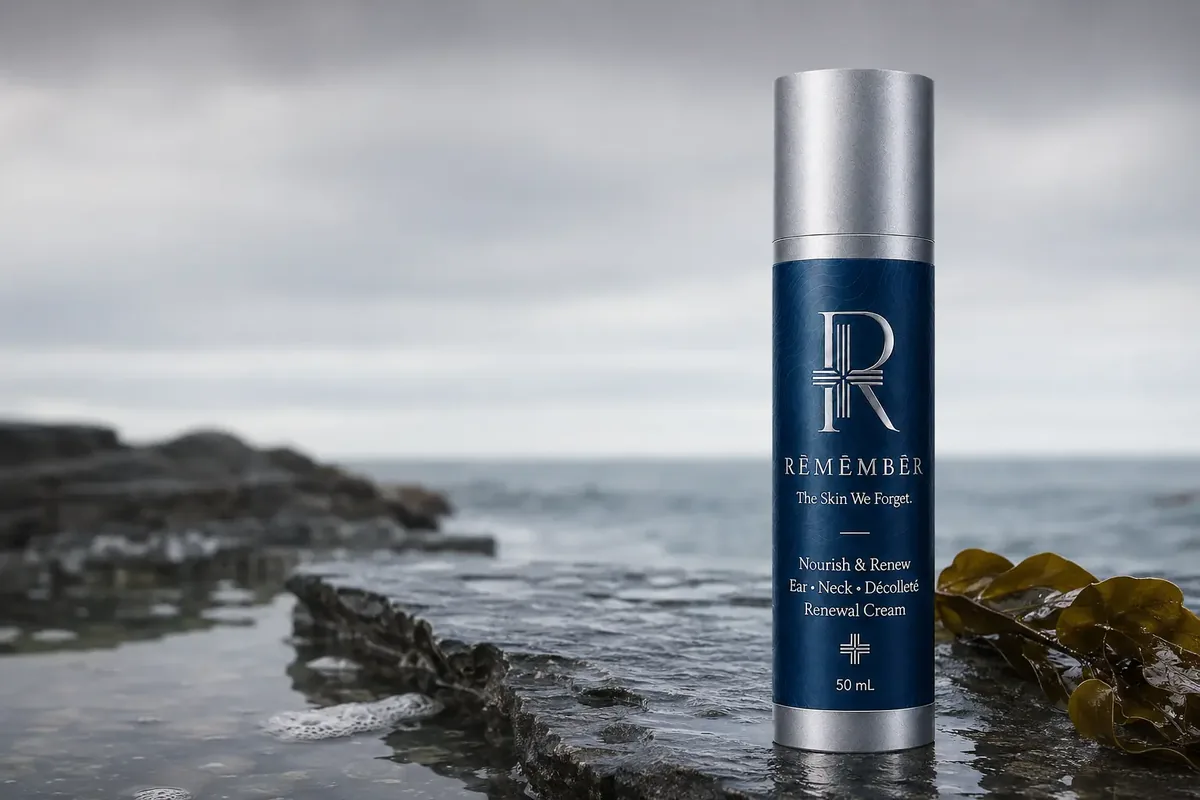 RĒMĒMBĒR Nourish & Renew Ear, Neck and Décolleté Renewal Cream on a wet coastal rock shelf beside kelp, with a grey sea behind.