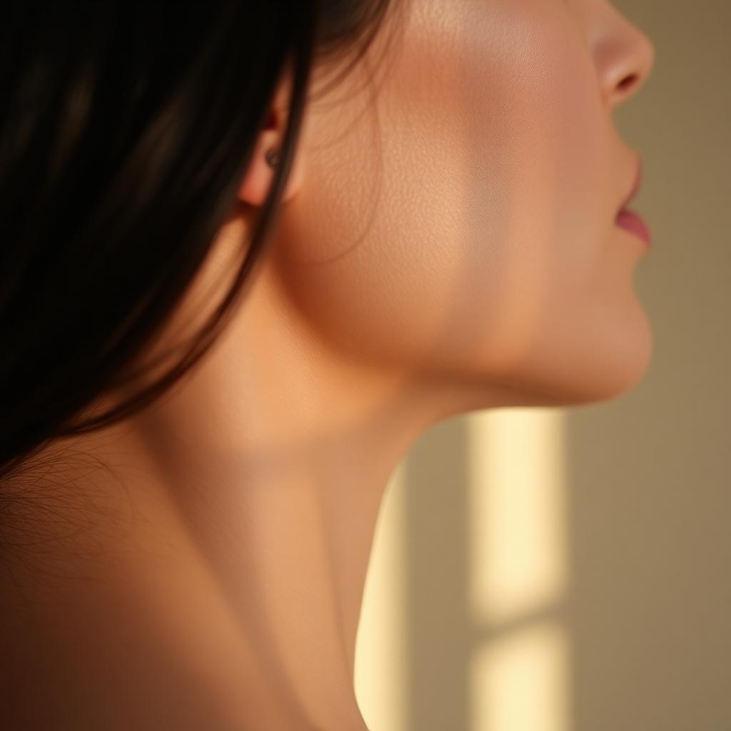 Editorial close-up of a woman's ear, jawline and upper neck in warm light